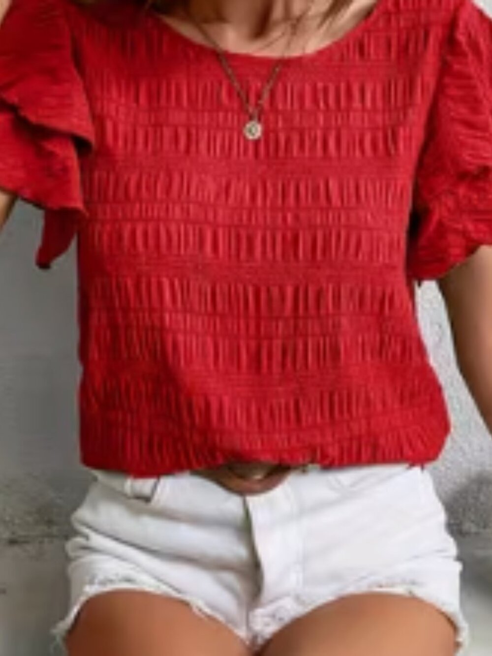 Plus Size Ruffle Sleeve Textured Blouse, Casual Solid Crew Neck Blouse